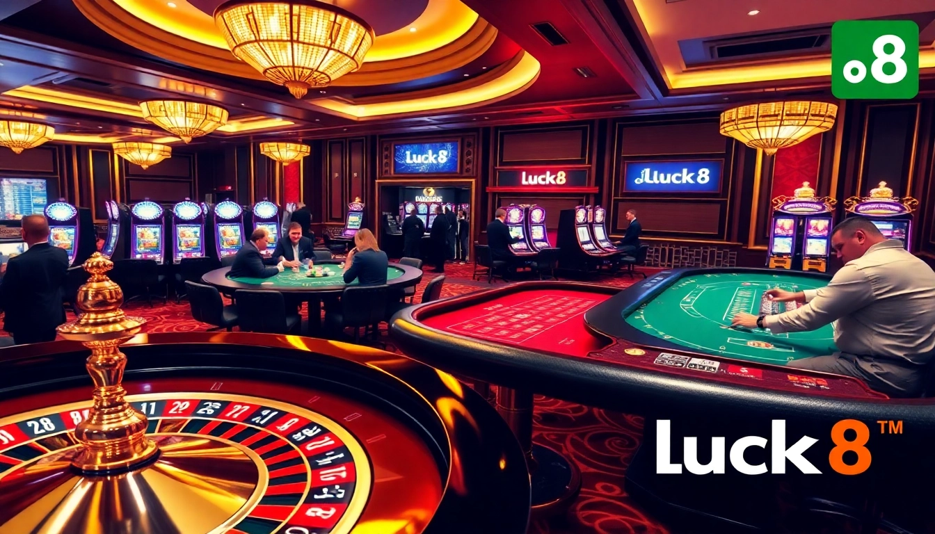 Luck8 casino players engaging at the roulette table, showcasing vibrant gaming atmosphere.