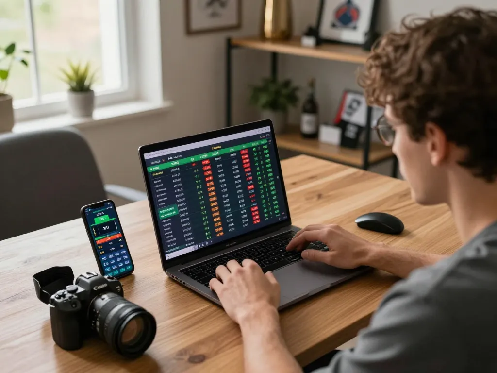 Freecuci365 sports betting scene with person analyzing statistics on a laptop in a modern home office