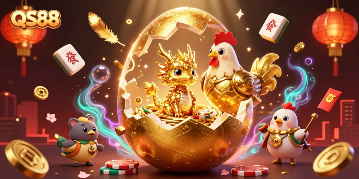 Engage with QS88, where a golden baby dragon emerges from a poker chip nest in a dynamic casino scene.