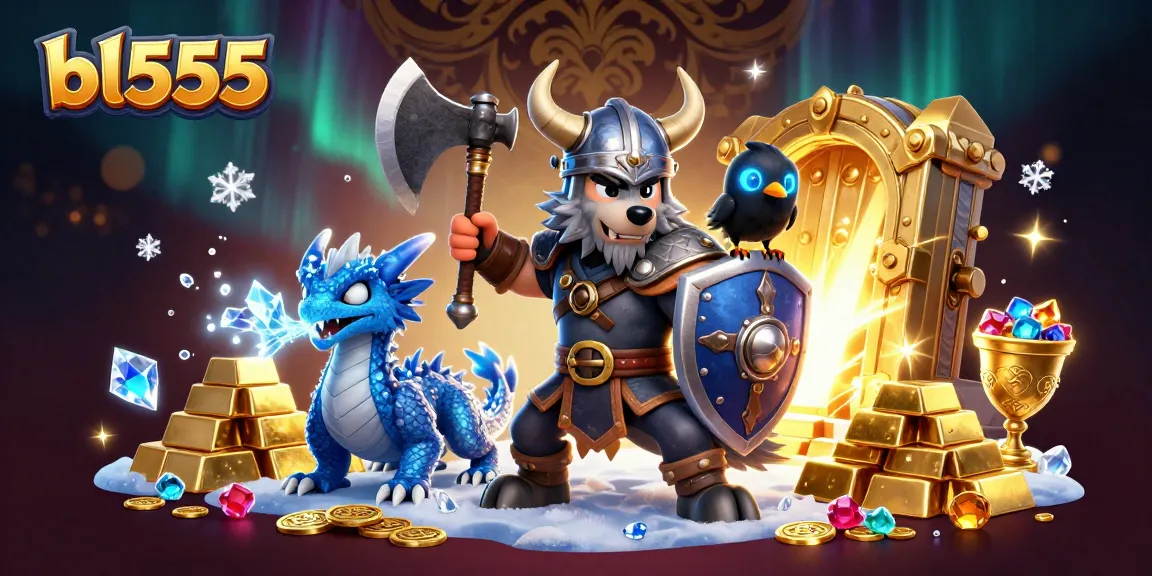 Win big with bl555 at the casino featuring a Viking warrior, dragon, and treasure!