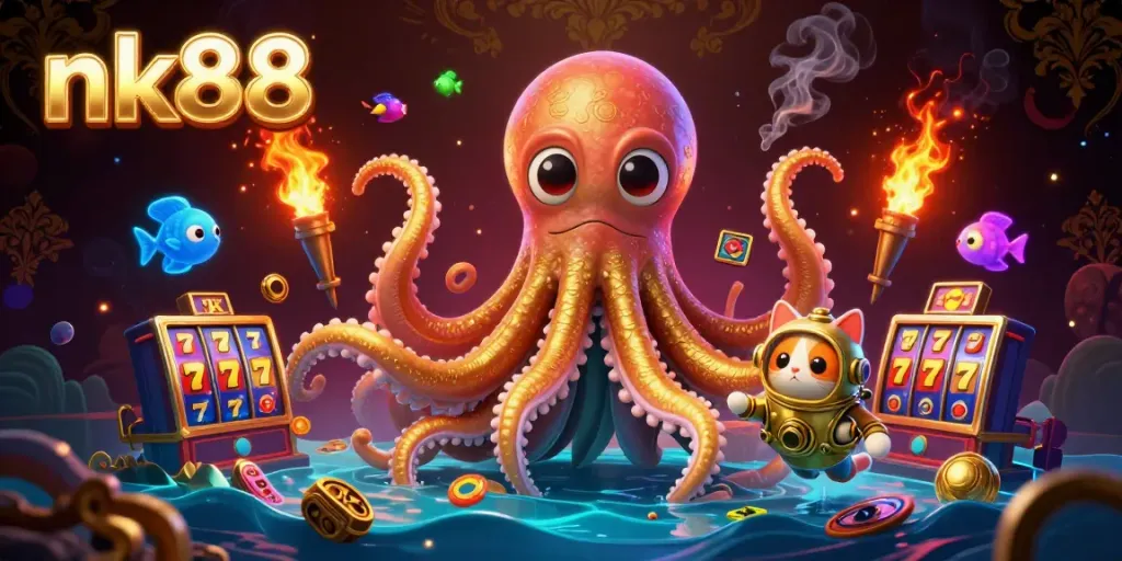 Winning with the nk88 experience as a colossal kraken and diving cat navigate vibrant slot machines.