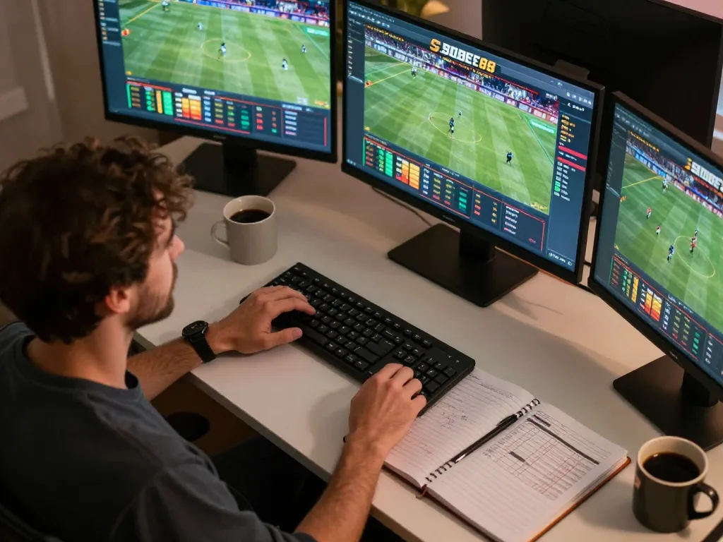 Scena taruhan online SBOBET88 yang menampilkan pengaturan taruhan olahraga yang menarik dengan beberapa layar.