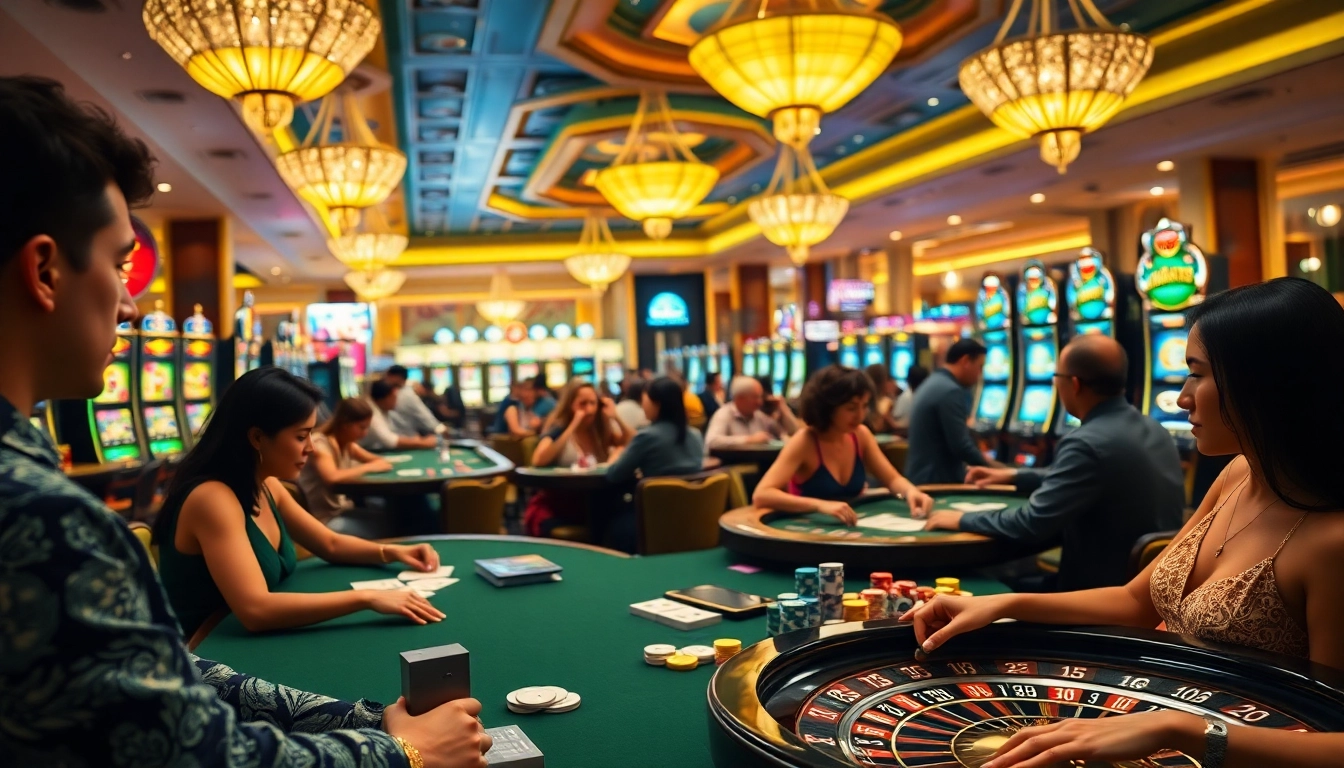 Gambling enthusiasts enjoy an exciting nohu-themed night in a luxurious casino, showcasing vibrant tables and warm lights.