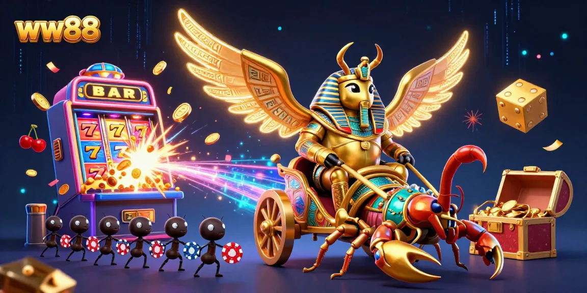 Engage in thrilling gameplay at ww88 featuring a colossal golden scarab and dynamic casino elements.
