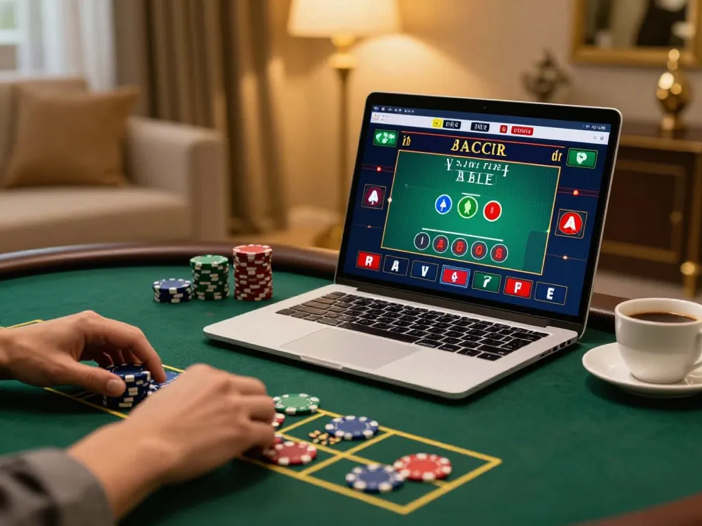Engaged player enjoying xx88 online Baccarat game strategy with poker chips at home