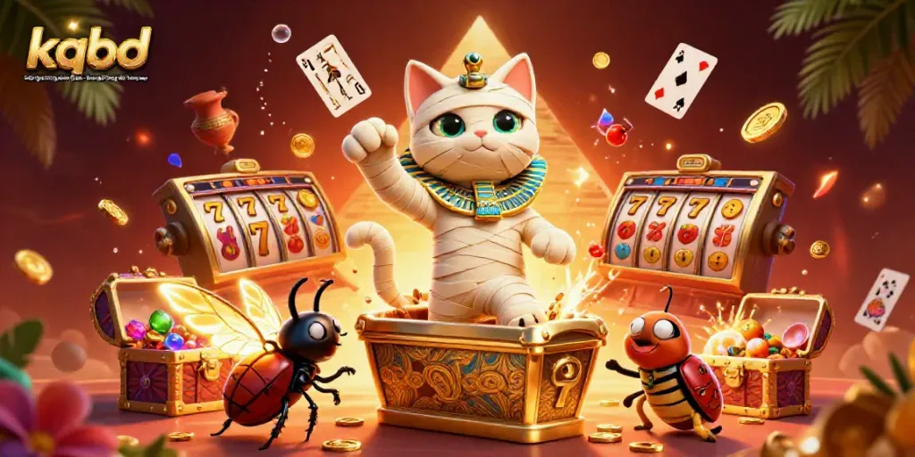 KQBD - Kết quả bóng đá trực tuyến - kết quả bóng đá hôm nay, showcasing an energetic mummy cat and treasure elements in a casino scene.