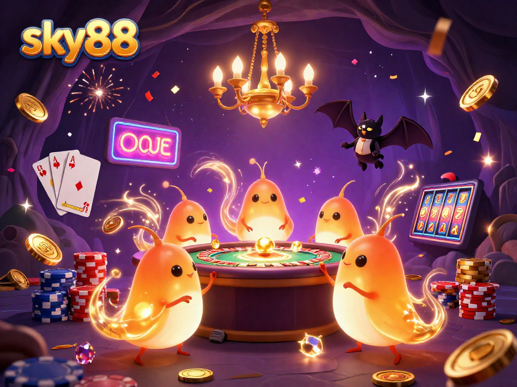 Experience the thrill at sky88 as glowworms light up a dynamic cave casino filled with golden coins and vibrant poker chips.