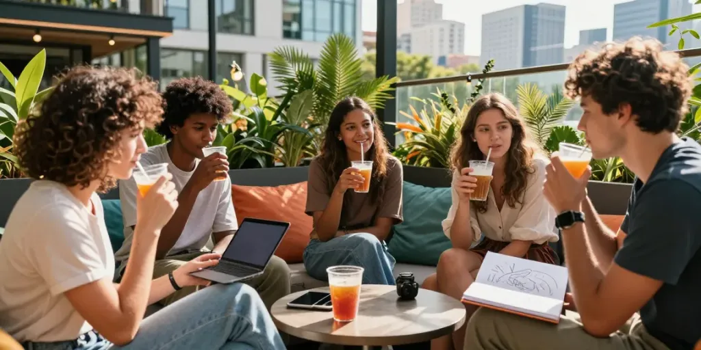 Young adults enjoying outdoor lounge with rokok88 promotions in an engaging urban scene.