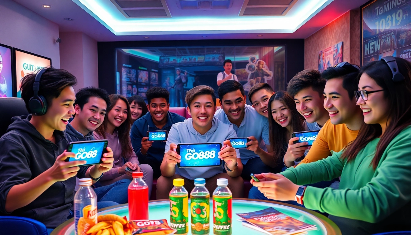 Tải GO88 showcased in a lively gaming lounge with gamers enjoying their experience.