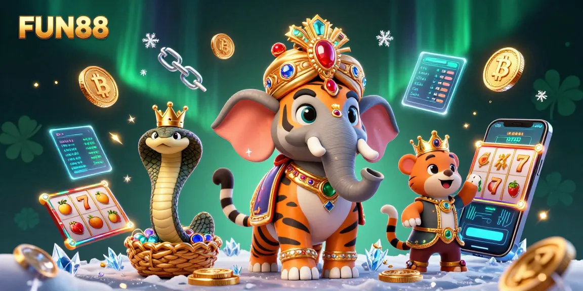 Experience thrilling jackpots with FUN88 in a vibrant, animated casino scene filled with action.