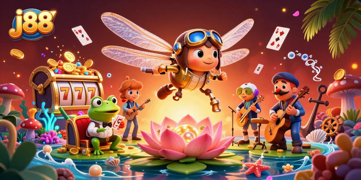 Join the dragonfly pilot in j88 casino magic, as cards fly and treasures glow in a thrilling scene.