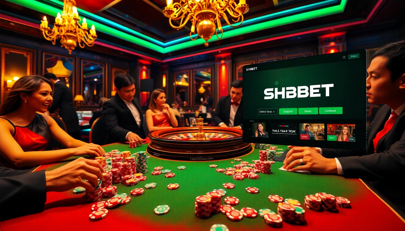 Exciting game action at SHBET casino with vibrant poker chips and engaging players.