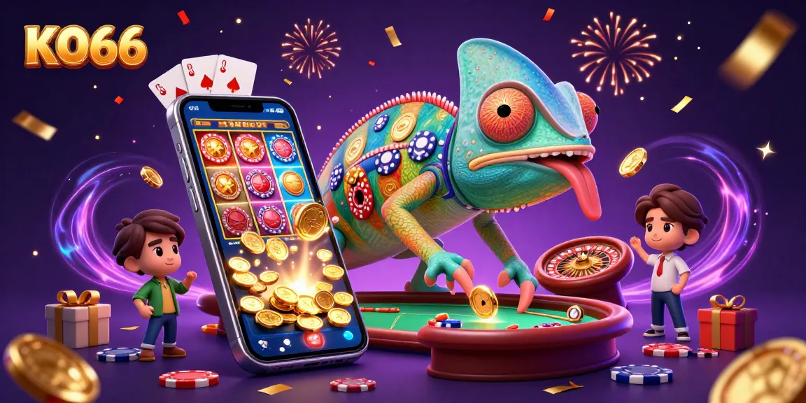 Engage with KO66's vibrant casino scene featuring a chameleon owner amid dynamic slot games and poker elements.