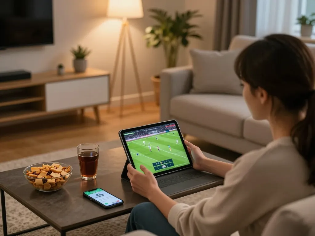 Socolive user enjoying live football streaming on a tablet in a cozy living room setting