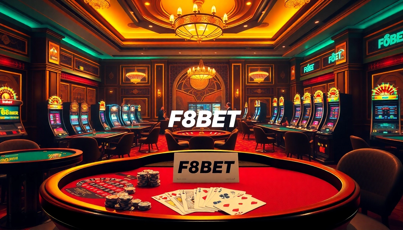 Excited players engaging at the luxurious F8BET online casino with vibrant tables and slot machines.