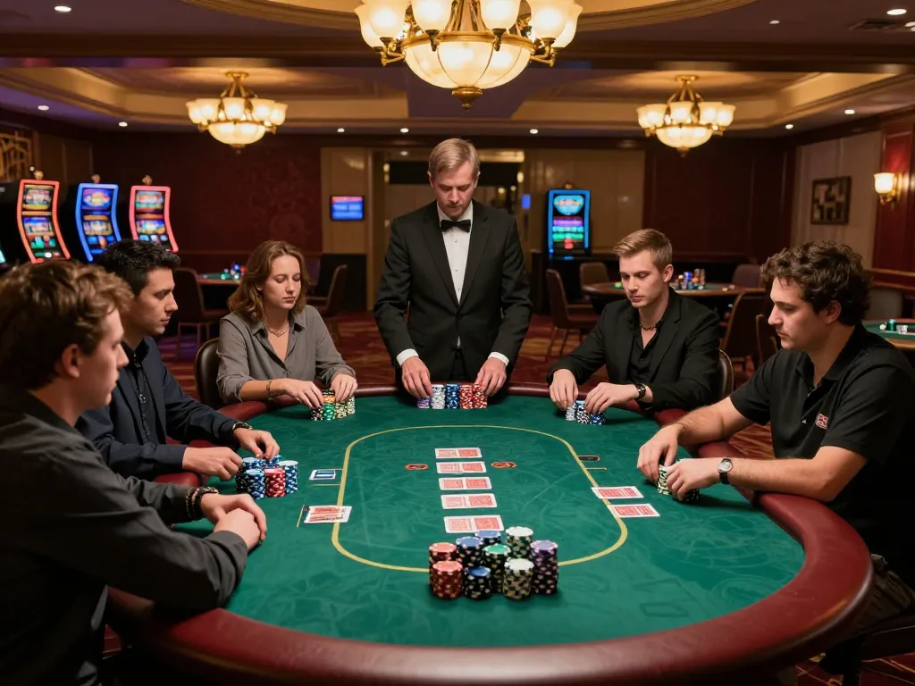 Players strategizing their next moves in a thrilling 789win poker game at an upscale casino.
