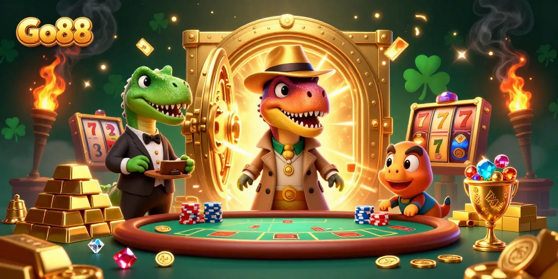 Engage with Go88's exciting slots as a velociraptor cunningly counts cards at a vibrant blackjack table.