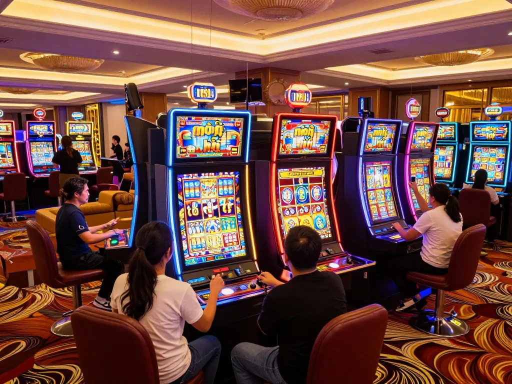 Players celebrating big wins at nổ hũ slot machines in a lively casino environment