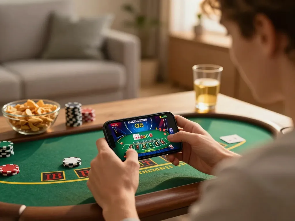Play blackjack on TK999 mobile app in a cozy home setup with engaging graphics and snacks.