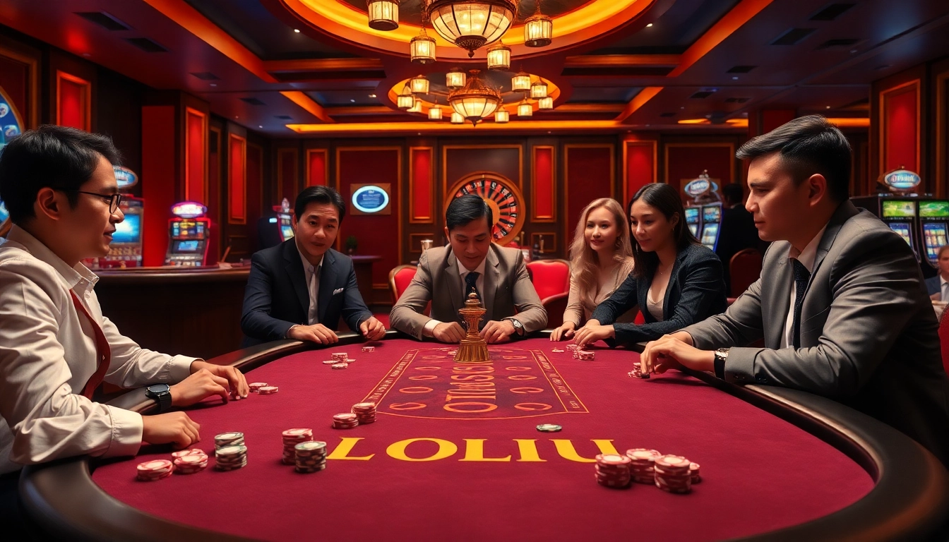 DOLA88 CLUB gaming table with poker chips and players engaged in a thrilling game in an elegant casino setting.
