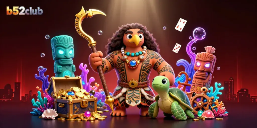 Experience the thrill of b52club with a vibrant scene of a demigod hawk and turtle amid golden treasures.