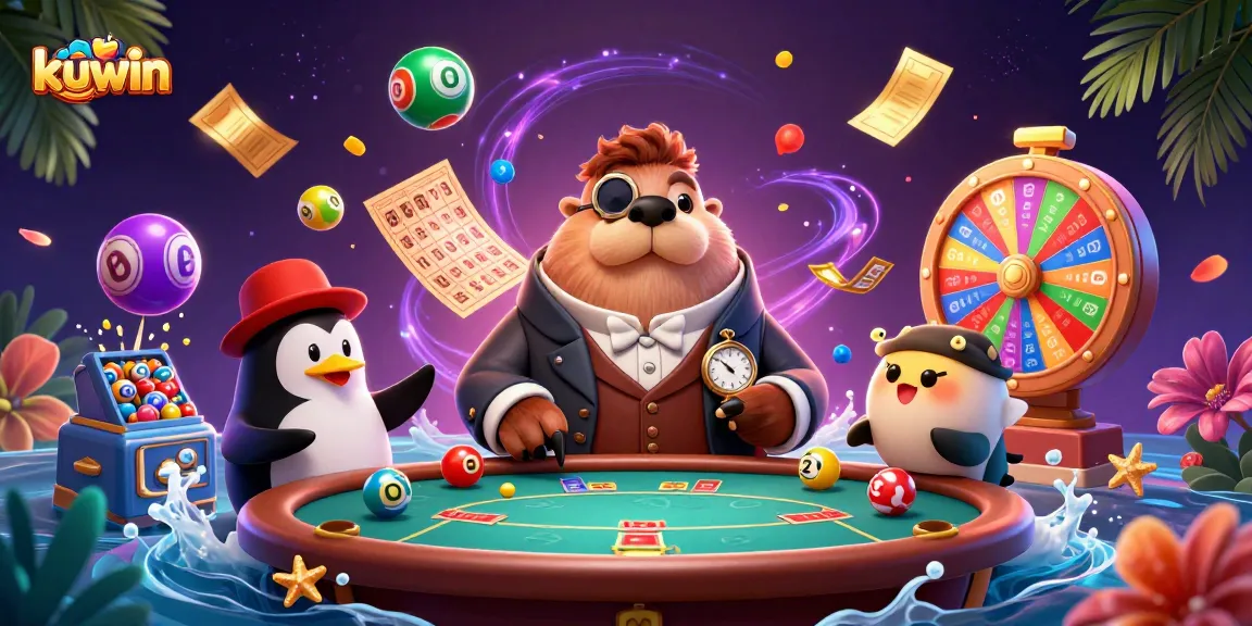 Kuwin's jolly walrus plays underwater poker, surrounded by colorful lottery elements and a penguin dealer.