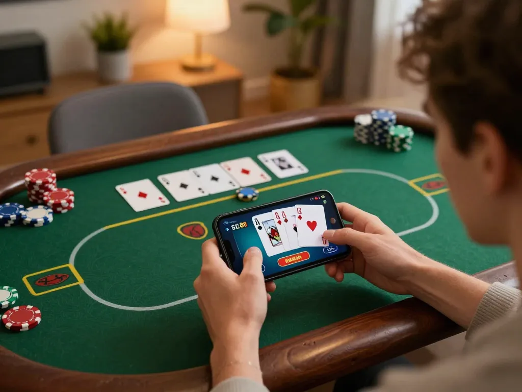 SC88 mobile gaming experience with a user engaging in poker from home, showcasing the gaming interface on a smartphone.