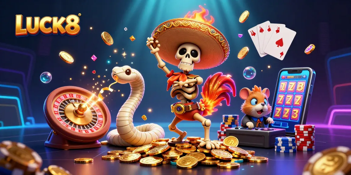 LUCK8 features an energetic skeleton mariachi rooster dancing amid golden coins at a lively casino scene.