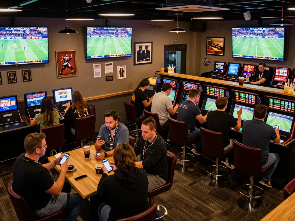 Dynamic sports betting atmosphere showcasing ty le keo nha cai as patrons enthusiastically engage in live betting.