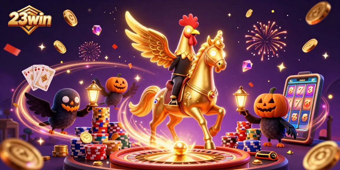 Experience the thrill of 23win with golden rooster and spectral horse in a vibrant casino scene.
