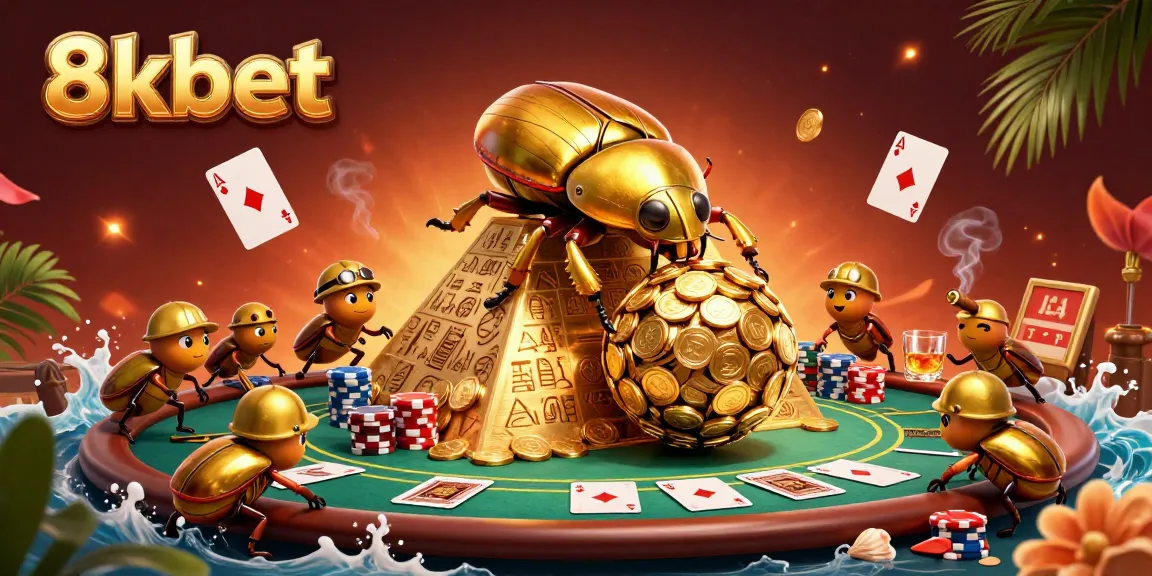 Experience the excitement of 8kbet with golden beetles and poker elements in vibrant 3D illustration.