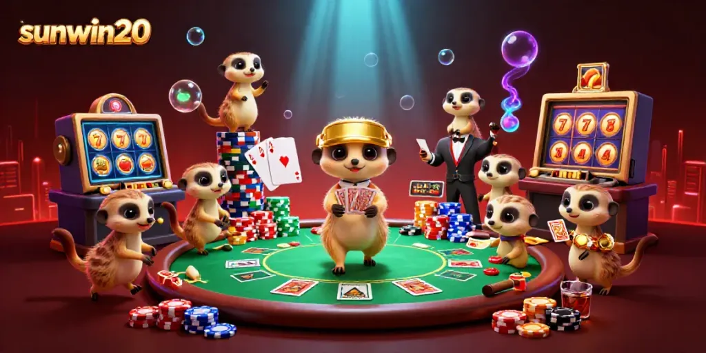 Experience the thrill of sunwin20 in this lively casino scene with meerkats in action!