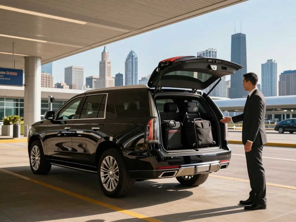 Aurora IL limo service with a professional chauffeur greeting a client beside a Cadillac Escalade at a Chicago airport.