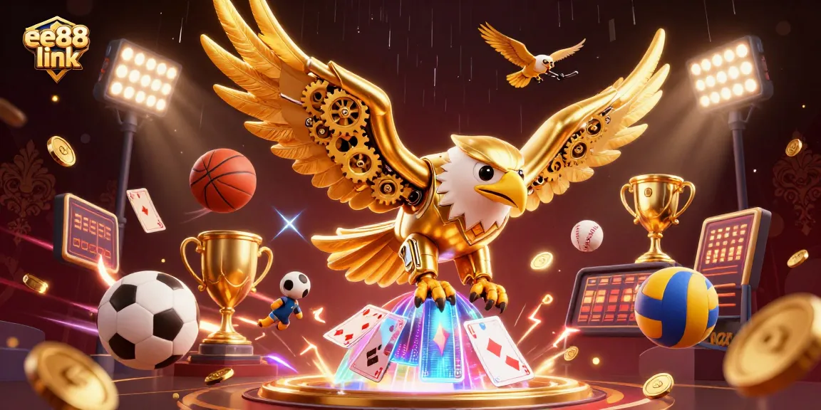 Experience the thrill of betting with ee88 link as a golden eagle dives through holographic cards and dynamic sports elements.
