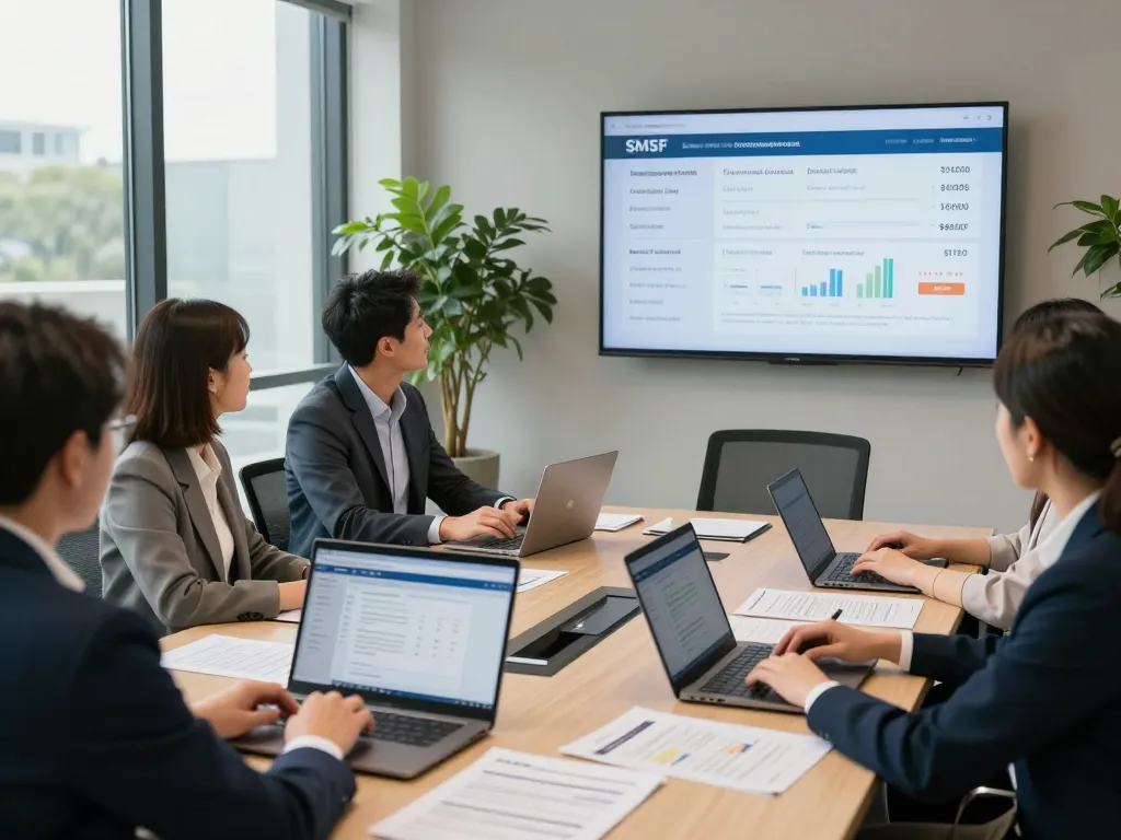 SMSF Accountants collaborating in a professional office, showcasing transparent service and expert financial solutions.