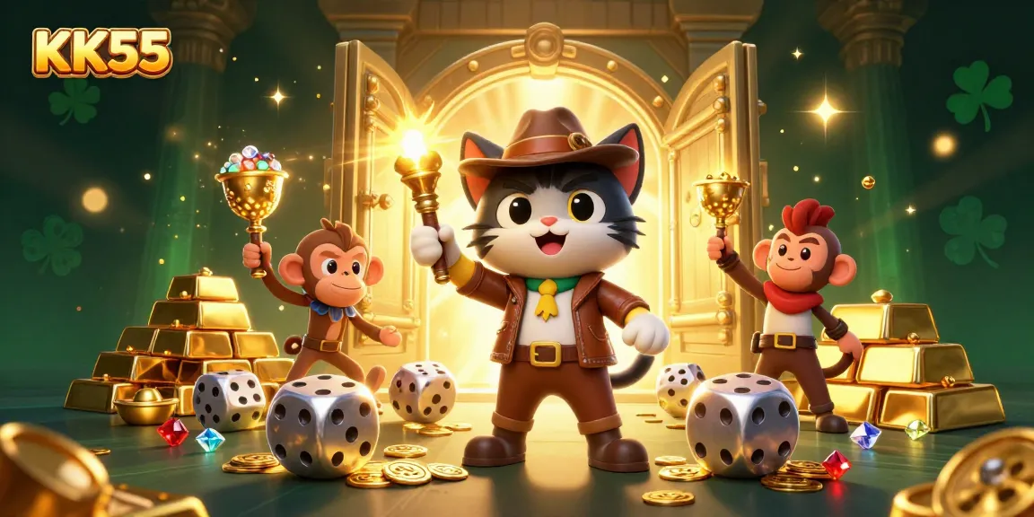 Engage with the thrilling KK55 gaming scene featuring an adventurous cat discovering treasures.