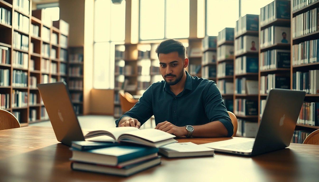 Cisco exam assistance with a focused student studying in a modern library, surrounded by books and technology.