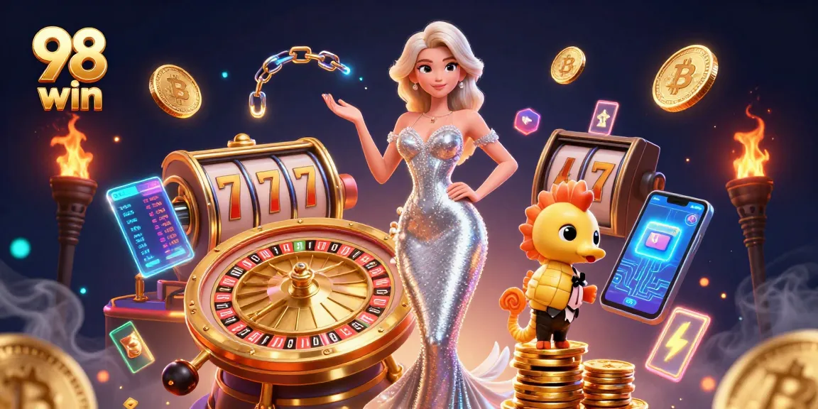 Spin the roulette wheel at 98 win, featuring a glamorous mermaid and vibrant gaming elements.