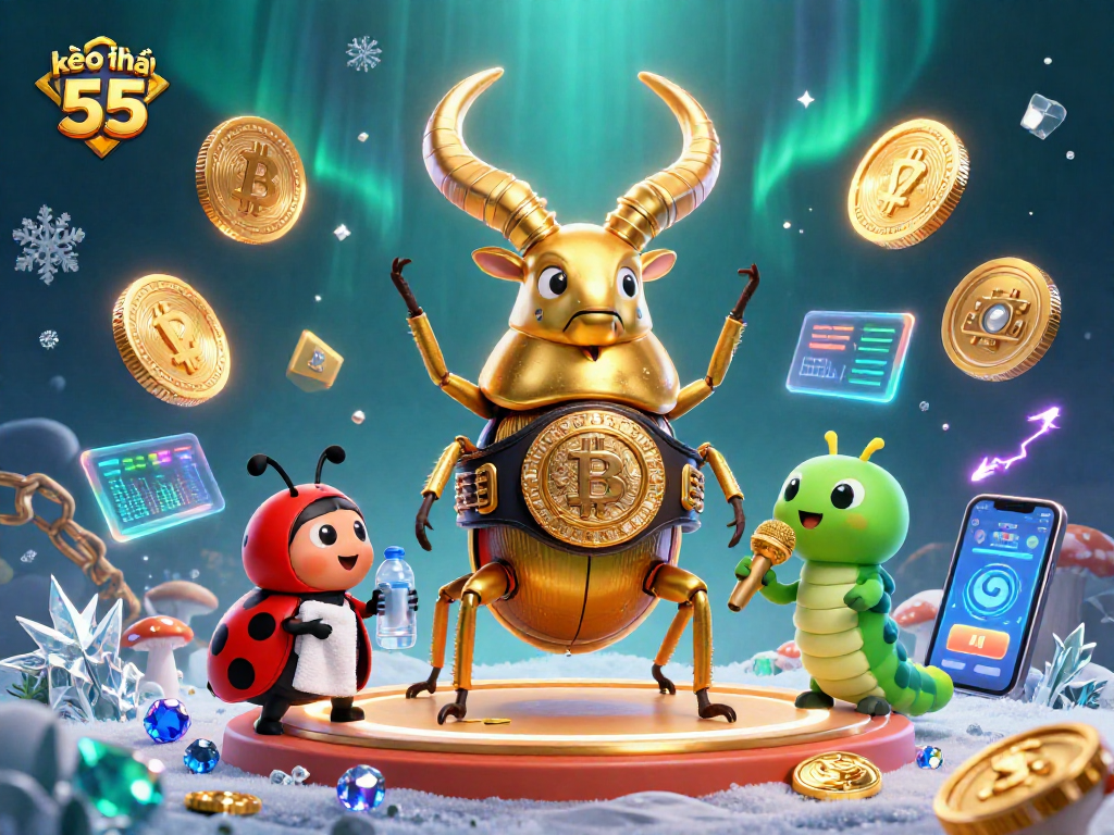 Bet on thrilling matches with kèo nhà cái 55, illustrated with dynamic characters and crypto elements.