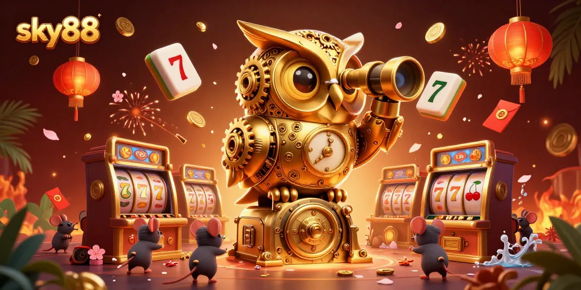 Experience the thrilling world of sky88 with captivating slot machines and dynamic game elements in an enchanting casino scene.