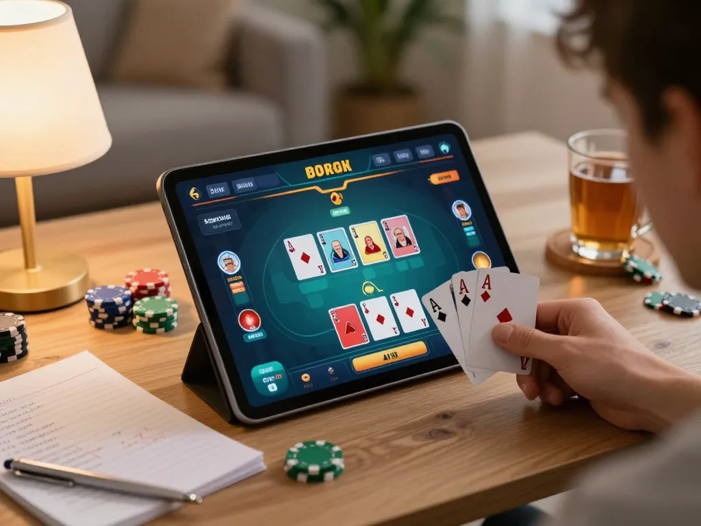 I9BET player participating in online poker game, showcasing strategic gameplay in a cozy home environment