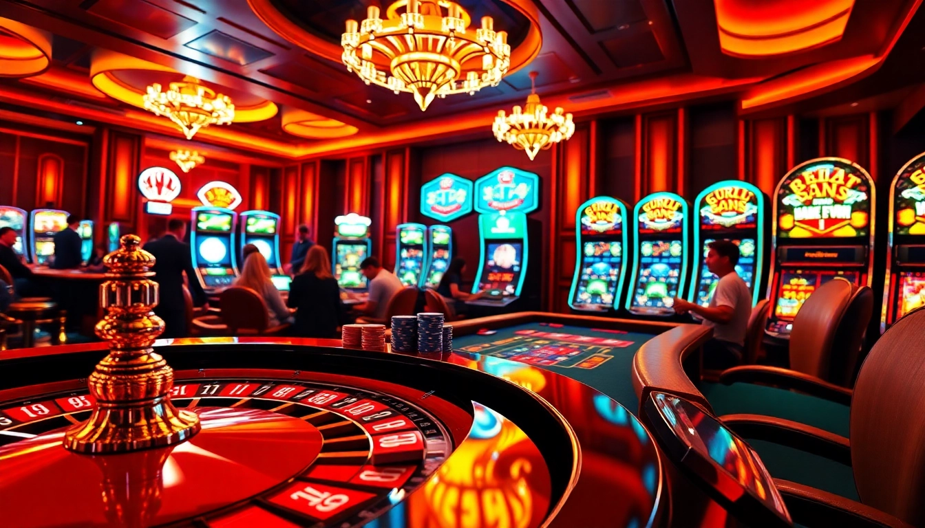 Players enjoying the vibrant hb88 casino atmosphere with poker tables and slot machines.