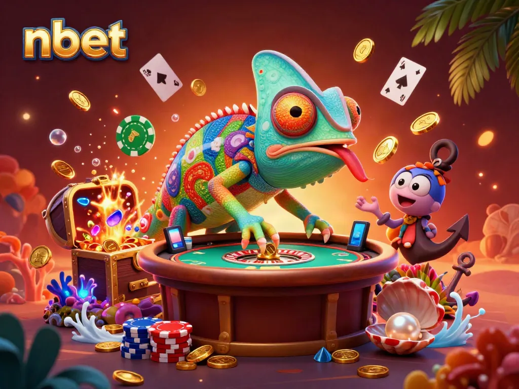 Experience thrilling nbet gameplay with a colorful chameleon character amidst energetic casino elements.