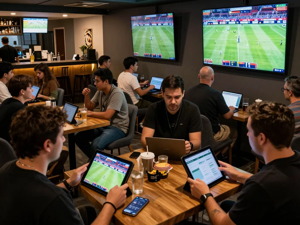 Engaged bettors analyzing odds on 789BET’s platform in a vibrant sports lounge setting.