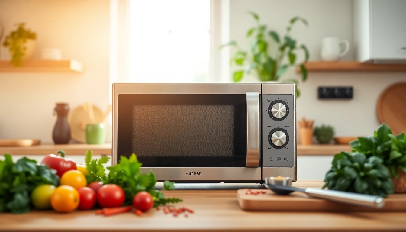 Explore the latest Microwave Oven Sales with a modern kitchen showcasing fresh ingredients and sleek designs.