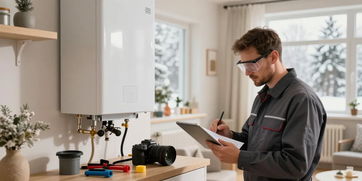 Technician performing maintenance on a gas boiler for van kombi servisi in a warm home environment