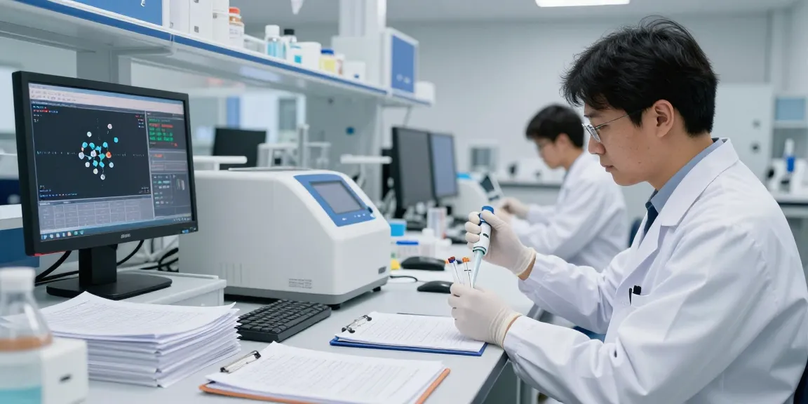 Scientist analyzing nucleic acid amplification assays at mmoo05.com laboratory.