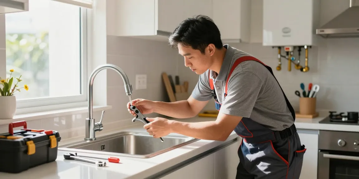 Professional plumbers in Singapore installing a new water tap in a modern kitchen.