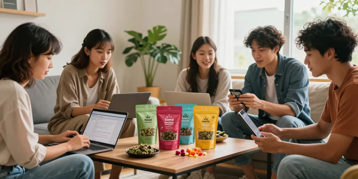 Explore high-quality cannabis products at https://greatcanadianbuds.com in a friendly online shopping environment with diverse young adults engaging.