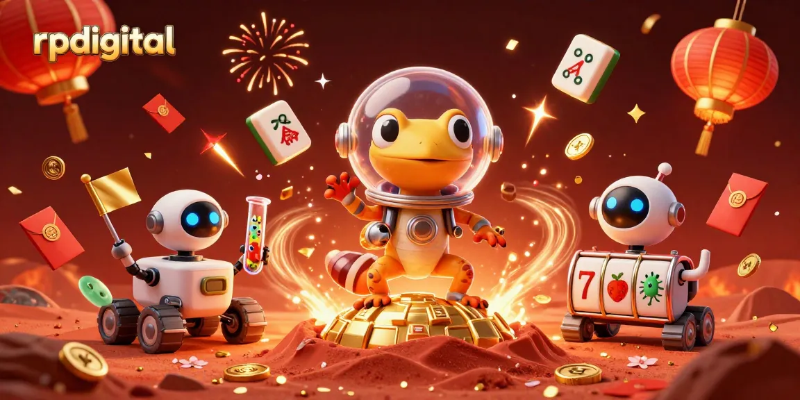 Experience the rpdigital casino adventure with a Martian gecko amidst festive gaming elements